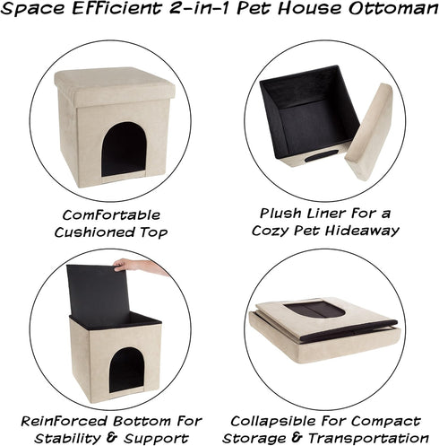 Pet House Ottoman - Collapsible Multipurpose Small Dog or Cat Bed Cube and Footrest with Cushion Top and Interior