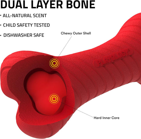 Playology Dog Toys, Dual Layer Bone Chew Toy for Dogs, Medium Beef Scented, Easy to Clean