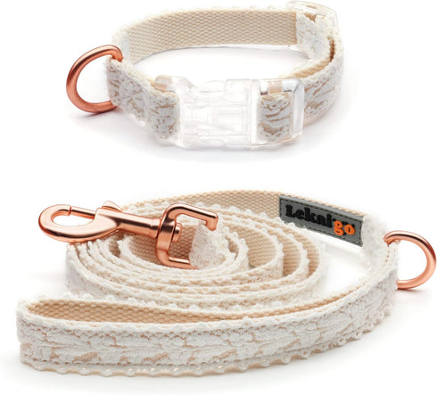 Dog Collar and Leash Set, Handmade Cotton Lace Adjustable 4-5 FT Unique Collars for Small Medium Large Dogs 1pcs-Beige