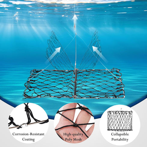 Subtoy 1 Pack/2 Pack Crab Trap, Castable Crabbing Net with Bait Clip Foldable Crab Snare with Red Gauge & Bait Clip
