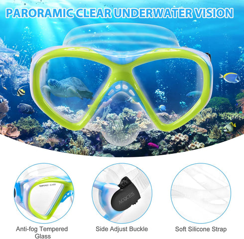 Kids Snorkel Set, Dry Top Snorkeling Gear for Youth Boys Girls, Tempered Glass Swimming Diving Mask