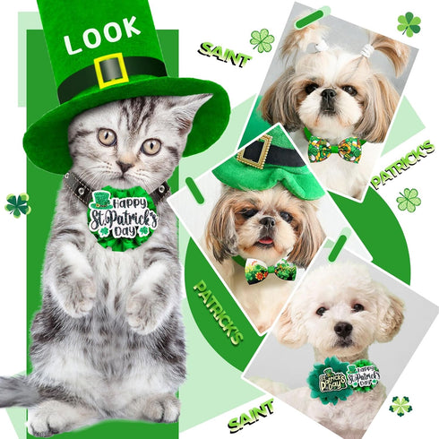 24pcs St. Patrick's Day Dog Bow Ties, Adjustable Green Pet Collar Attachment, Lucky Clover Bowties for Dogs