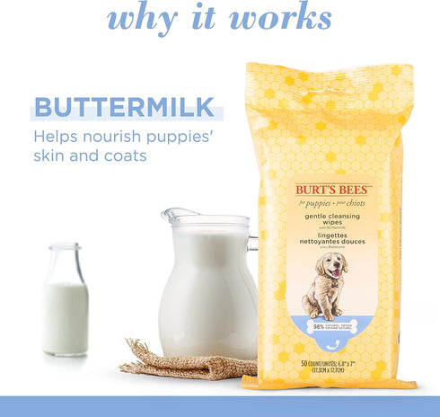 Burt's Bees for Pets Puppy Wipes - Puppy & Dog Wipes for Cleaning and Grooming - Tearless Solution - Cruelty Free, Formulated without Sulfates and Parabens, pH Balanced for Dogs - 50 Count