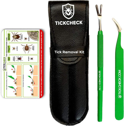 TickCheck Premium Tick Remover Kit, Stainless Steel Tick Remover + Tweezers, Leather Case, Pocket Tick Identification