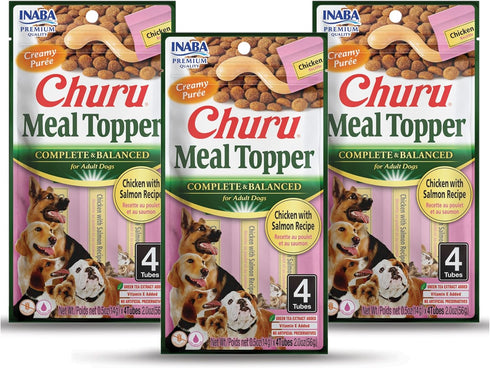 INABA Churu Meal Topper for Dogs, Complete & Balanced, Creamy Lickable Purée, 0.5 Ounce Tube, 12 Tubes (4 per Pack)