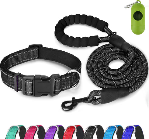 Dynmeow Reflective Dog Collar and Leash Set, 6FT Strong Climbing Rope Leash with Padded Handle for Medium Large Dogs