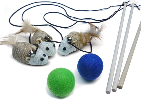 Cat Teaser Wand Toys with 2 Wool Felt Ball Toys, Sisal Mice, Feather, Elastic String, Sturdy Wood Stick