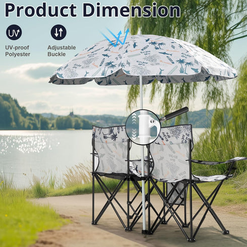 Double Folding Beach Chairs,Portable Double Folding Picnic Chairs Beach Camping Chair W/Umbrella Mini Table Beverage