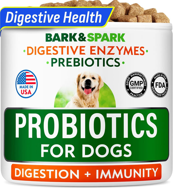 BARK&SPARK Dog Probiotics for Digestive Health & Enzymes, Chews for Digestion, Pet Probiotics for Dogs (60Ct, Chicken)