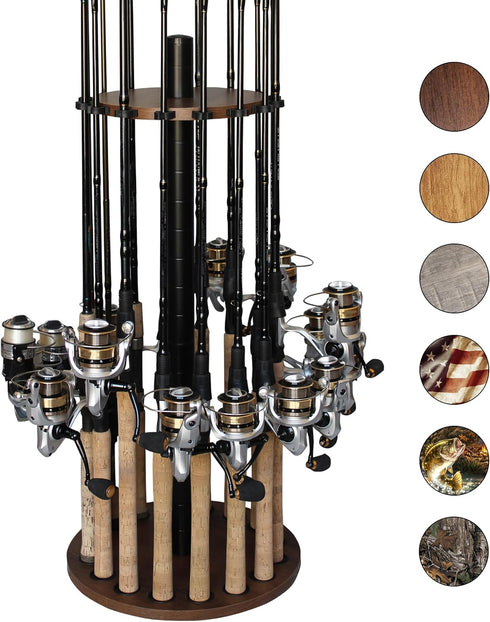 Rush Creek Creations 16 Round Fishing Rod Rack - Dark Walnut Fishing Pole Holder and Storage