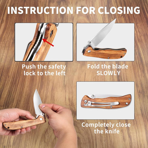 Folding Pocket Knife with Liner Lock, 8Cr13MoV 3.74" Stainless Steel Blade, Brown Wood Handle for Outdoor Camping