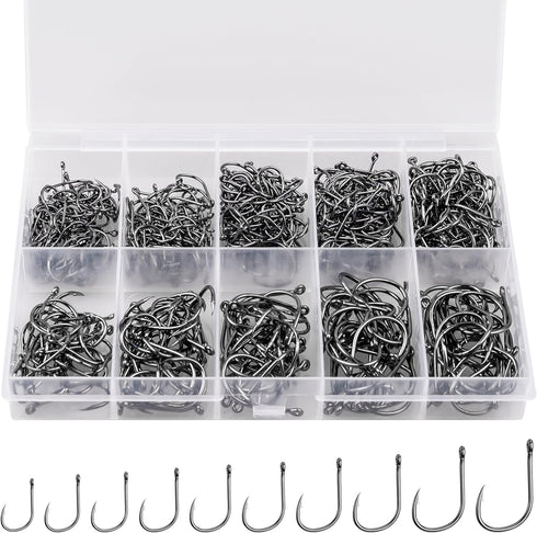 ReeMoo Premium Fishing Hooks, 500PCS/100PCS, 10 Sizes/4 Sizes Carbon Steel Fishing Hooks with Portable Plastic Box,