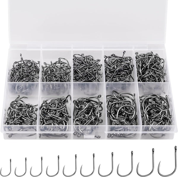 ReeMoo Premium Fishing Hooks, 500PCS/100PCS, 10 Sizes/4 Sizes Carbon Steel Fishing Hooks with Portable Plastic Box,