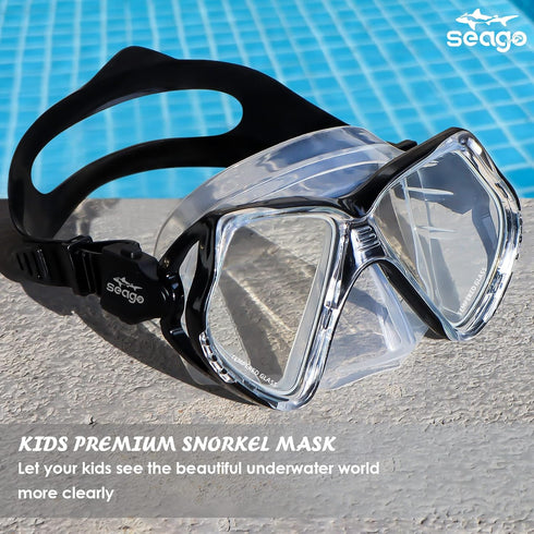 Seago Kids Swim Goggles with Nose Cover - Anti-fog Tempered Glass Snorkel Mask for Kids 6-14
