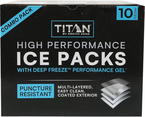 Titan by Arctic Zone Pack 10-Piece Set Frozen 8 High Performance Ice Combo, with Deep Freeze Gel, Multiple Sizes, Stays