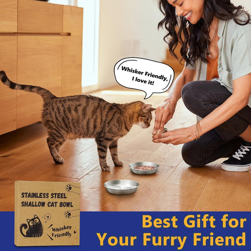 5.9'' Wide Whisker Friendly Cat Bowl, 304 Stainless Steel Bowls Set, 2 Pcs Shallow Metal Dish for Cats