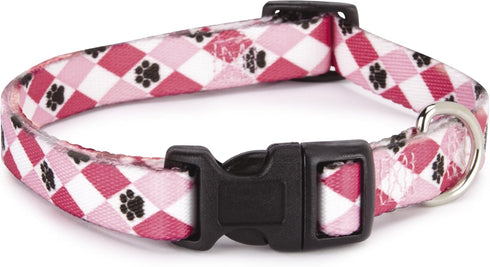 Nylon Pooch Patterns Dog Collar, Fits Necks 10" to 16", Pink Argyle