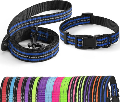 Mile High Life Reflective Dog Collar Leash Set for Small Medium Dogs (Reflective Stripe Blue, Medium, Pack of 2)