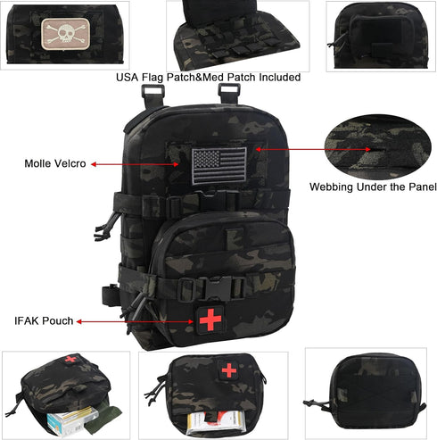 Tactical Mini Molle Hydration Pack, Outdoor Carrier with IFAK Pouch, US Flag, Med Patch, Hydropack for 2L Bladder
