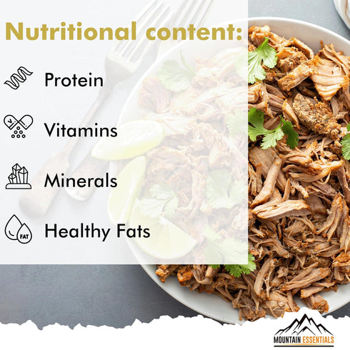 10 7-Year Pack 1 MOUNTAIN ESSENTIALS Freeze-Dried Shredded Pork Fully Cooked, Ready-to-Eat Meat | Servings per Pouch |