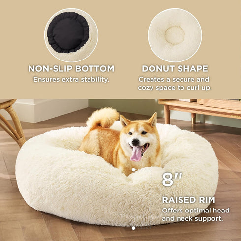 Bedsure Calming Dog Bed for Medium Dogs, Donut Washable Pet Bed, Anti-Slip Round Fluffy Faux Fur, Oat Milk