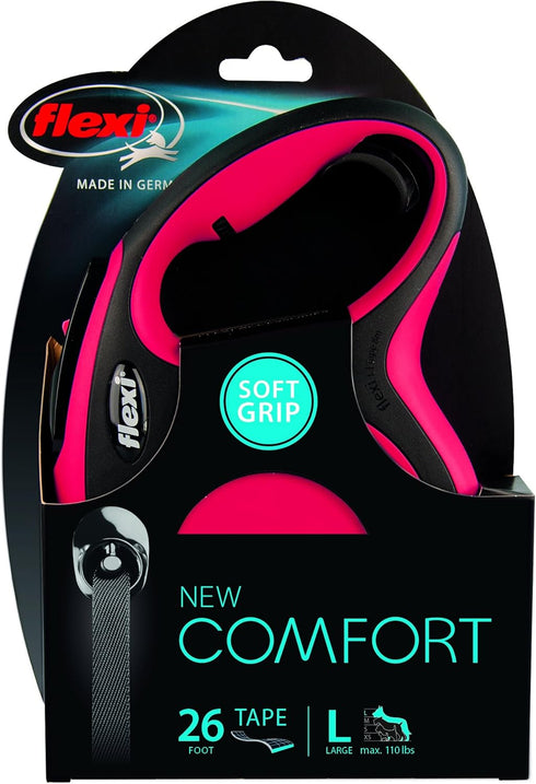 FLEXI New Comfort Retractable Dog Leash, Tape, for Dogs Up to 132lbs, 26 ft, Large, Red/Pastel