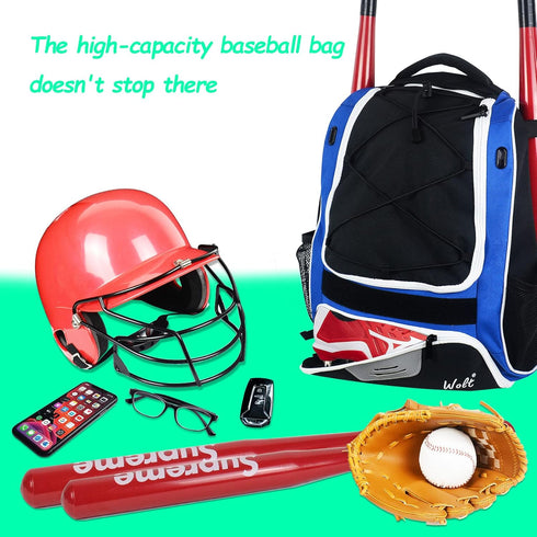 WOLT Youth Baseball Bag - Bat Backpack for T-Ball & Softball Equipment, Large Compartment for Helmet & Accessories