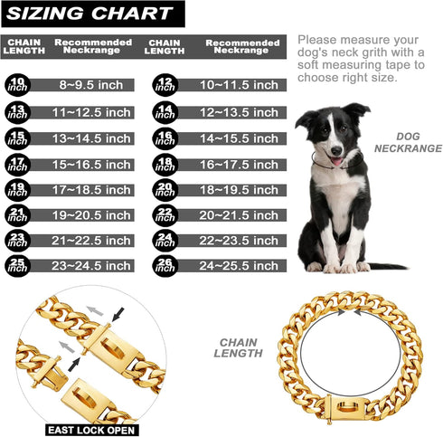 Gold Dog Chain Collar, Heavy Duty 18K Cuban Link with Secure Buckle for Large Dogs (19MM, 26")
