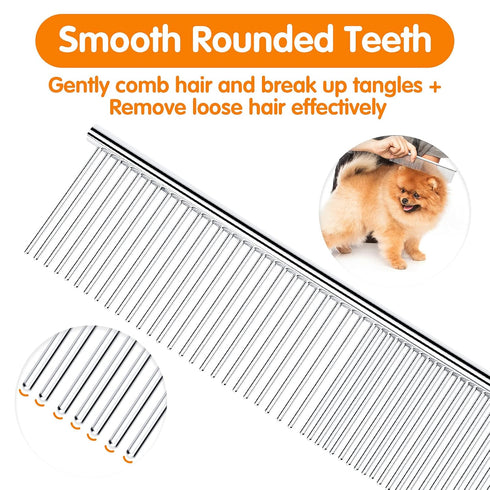 PETTOM Pet Steel Grooming Tool - Poodle Finishing Butter Comb, 7.5-inch L Silver Dog Comb with Rounded Ends