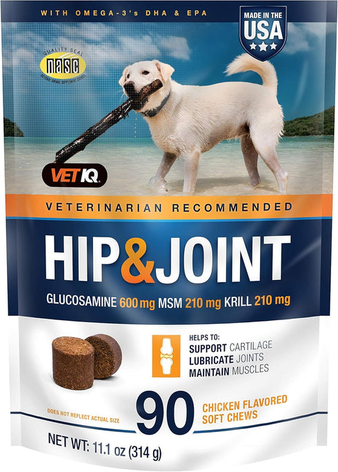 VetIQ Hip & Joint Supplement for Dogs, 90 Count, Chicken Flavored Soft Chews