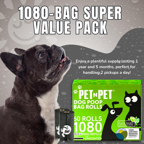 1080 Counts 41% 59% 9" 13", Pet N Pet Black Poop Bags for Dogs, Plant Based & PE Extra Thick Dog Poop Bags Rolls, x