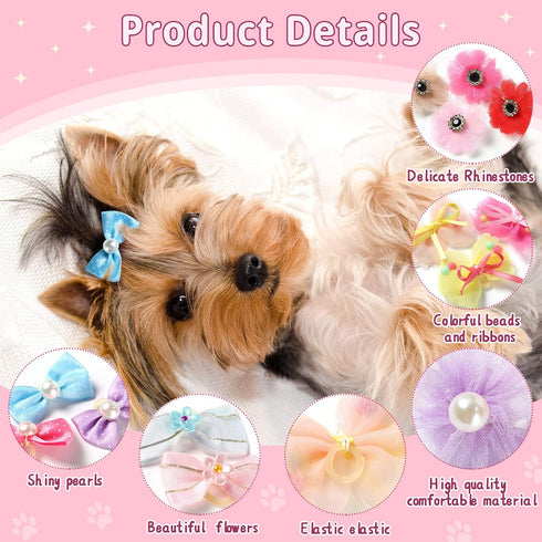 40 Pieces Dog Bows, Cute Puppy Dog Bowknot Hair Bows, Handmade Hair Accessories with Rubber Bands, Multicolor Grooming