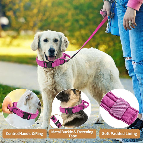Tactical Dog Collar with Heavy Duty Metal Buckle and Handle for Dog Training, Pink, M