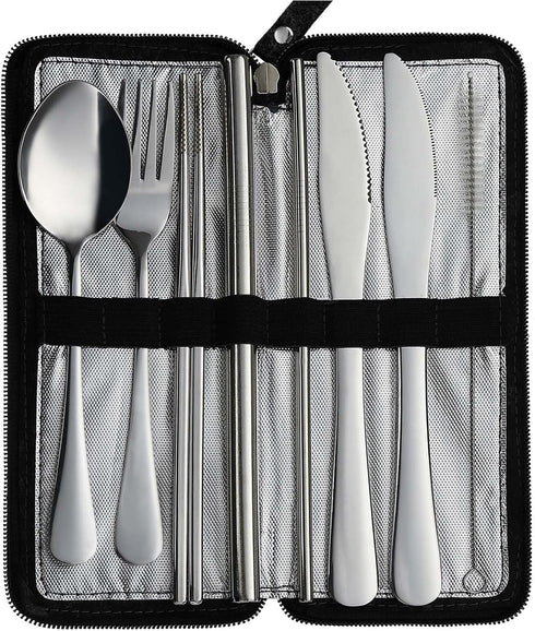 VANDBAO Camping Utensils Set, Portable Travel Cutlery with Case, Includes Extra Steak Knife and Boba Straw