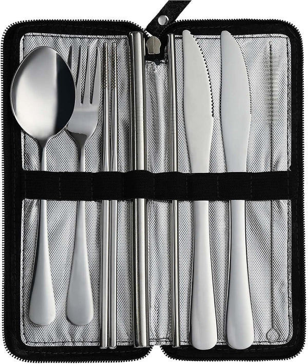 VANDBAO Camping Utensils Set, Portable Travel Cutlery with Case, Includes Extra Steak Knife and Boba Straw