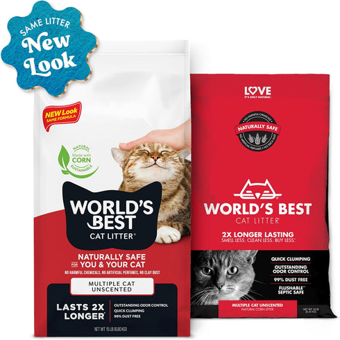 World's Best Cat Litter, 15-lbs, Multiple Cat Unscented, Natural Corn, Quick Clumping, Flushable, 99% Dust-Free,