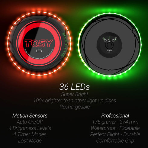 TOSY Flying Disc - 16 Million Color RGB or 36 LEDs, Extremely Bright, Smart Modes, Rechargeable Frisbee for Christmas