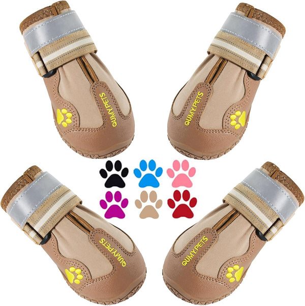 QUMY Dog Shoes for Large Dogs, Medium Dog Boots & Paw Protectors, Waterproof Khaki, Anti-Slip Sole for Winter & Summer