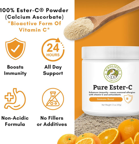 Wholistic Pet Organics Pure Ester-C Powder for Dogs, 2 Oz, Vitamin C Supplement for Allergy Relief