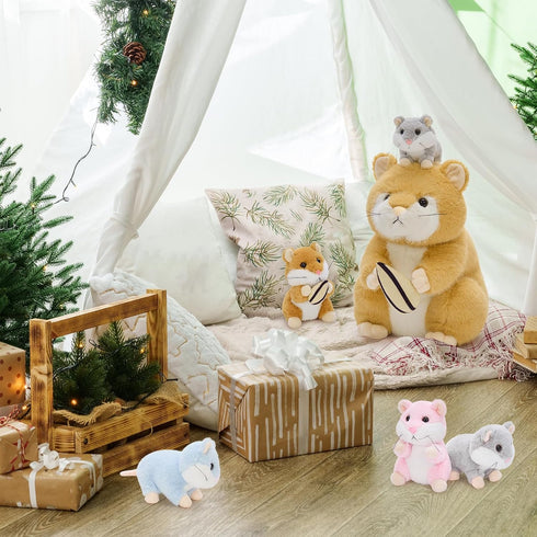 4 13" MorisMos Realistic Hamster Stuffed Animal with Surprise Squeaky Babies - Mama Plush Hamster Toy for Kids Girls
