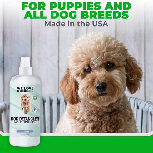 Pack 16 oz We Love Doodles Large Slicker Brush & Lavender Detangler Spray - for Long-Haired Dogs, Dog Leave