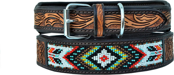 Leather Dog Collar, Western Style, Heavy Duty, Hand Tooled, Adjustable, for Puppies and Big Dogs