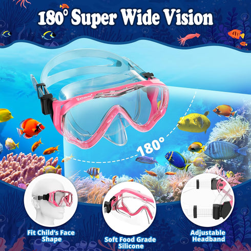 U PHITNIS Kids Snorkel Set - Dry Top Snorkeling Gear for Age 4-14, Childs Diving Mask with Big Eyes