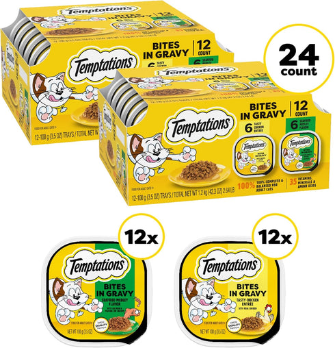 3.5 oz. (12 Count, Pack 2) Temptations Bites in Gravy Adult Wet Cat Food Seafood Medley Flavor and Tasty Chicken