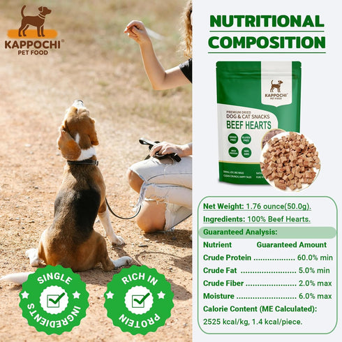 1.76oz(50.0g), 100% Freeze-Dried Beef Hearts Dog Treats, Single Ingredient, High Protein Training Treats, Natural