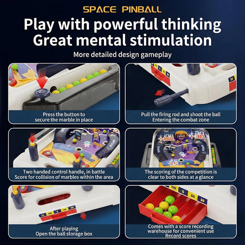 1-2 3+ Tabletop Pinball Machine Space Board Game with Obstacles, Pull-Rod Launcher, Two-Hand Controls, Ball Storage