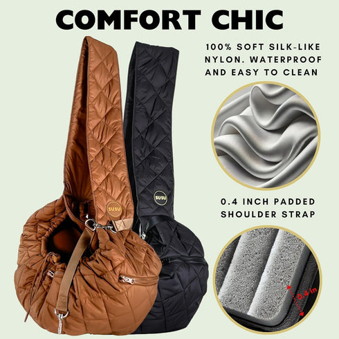 Cat Sling and Small Dog Carrier, Hands-Free Adjustable Puppy Carrier with Plush Soft Fabric and Safety Belt (Camel