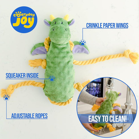 Squeaky Dog Stuffed Animals Chew Toy for Large Breeds Crinkle Paper Tug of War Rope Plush Dog Toy Soft Tough Squeaker Dog Entertainment Toys for Home Alone - Dragon