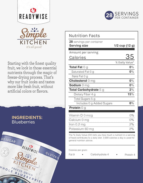 28 READYWISE - Simple Kitchen Freeze Dried Whole Blueberries, Servings, Vegan, Gluten Free, Fruit Snacks, Emergency