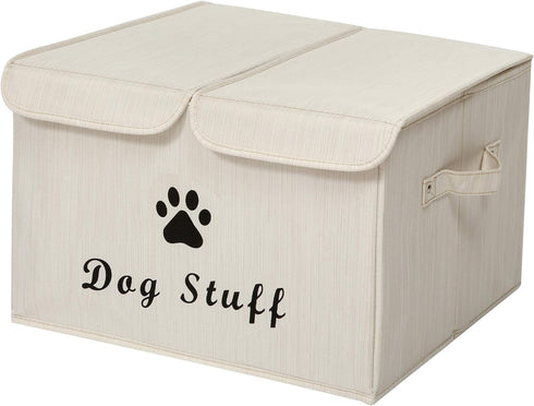 Geyecete Large Linen Fabric Storage Boxes, Foldable Bin Box Containers with Lid and Handles for Dog Apparel & Toys -